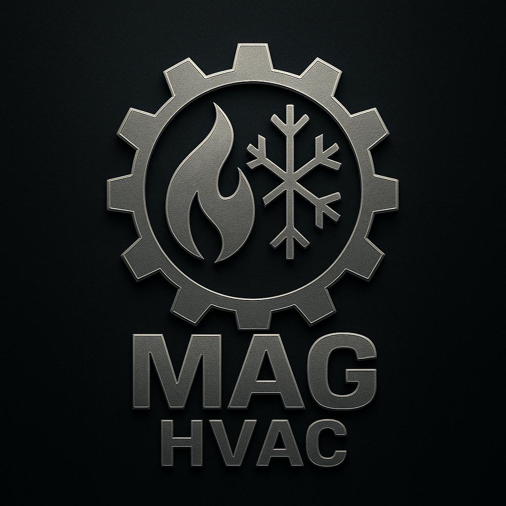 MAG HVAC company logo showing stylized blue and green air flow lines with the text MAG HVAC in bold letters, conveying a professional and trustworthy tone, set against a clean white background